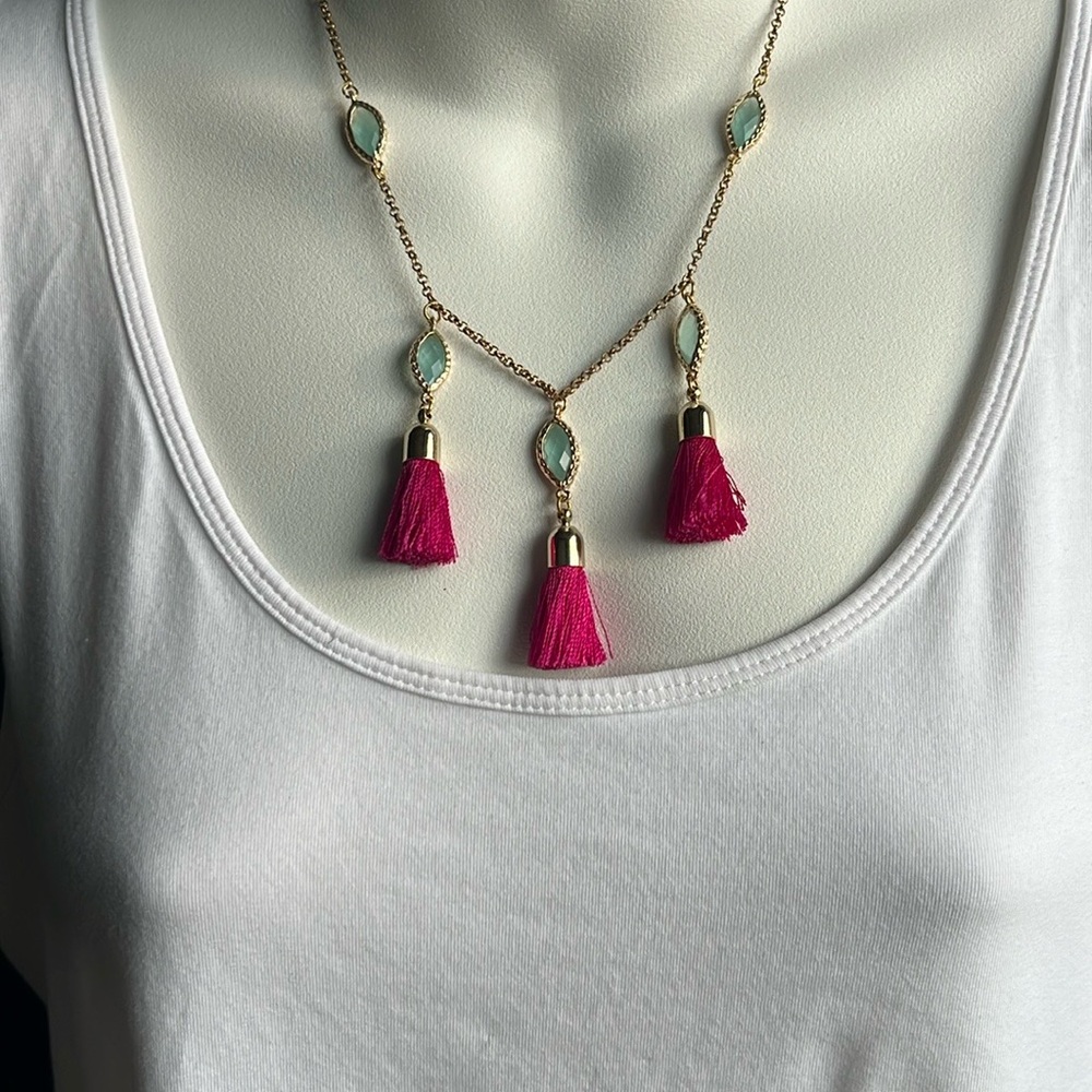 Gold-tone Necklace with Blue Beads and Pink Tassels